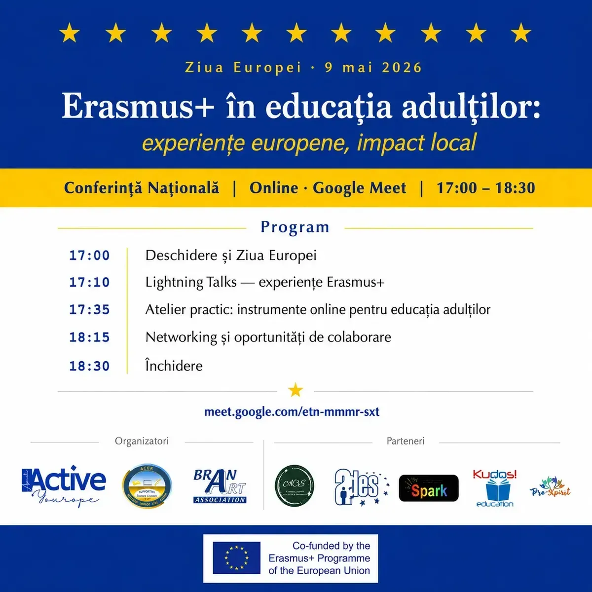 Afiș conferință online Erasmus+ de Ziua Europei 2026