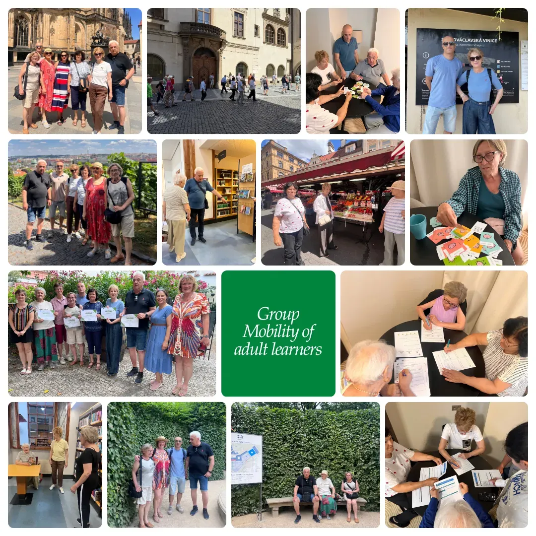 Photo collage of Active Yourope senior learners in Prague: city visits, workshops, filling in worksheets and receiving their certificates