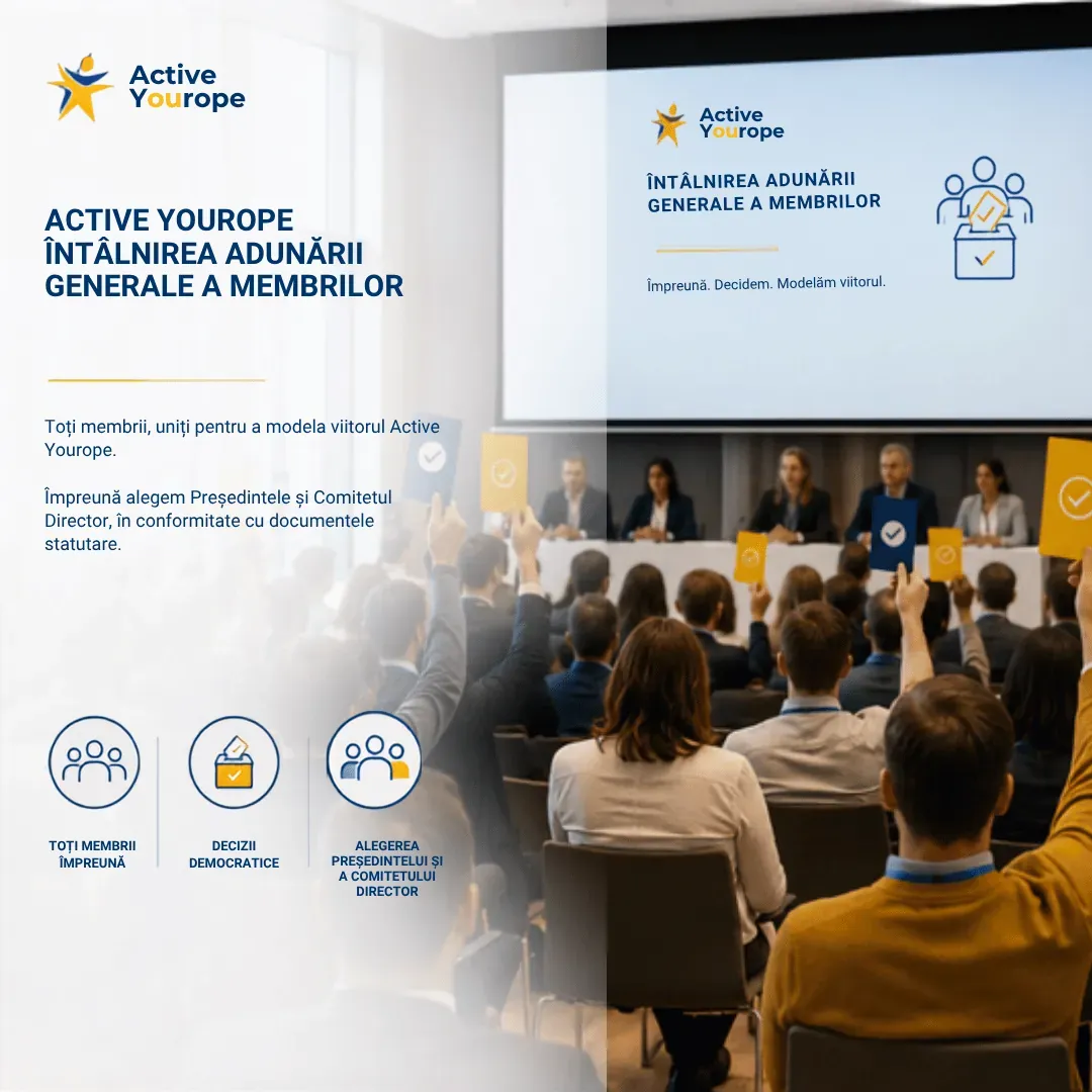 Membrii Asociației Active Yourope votând prin ridicare de cartonașe în Adunarea Generală a Membrilor