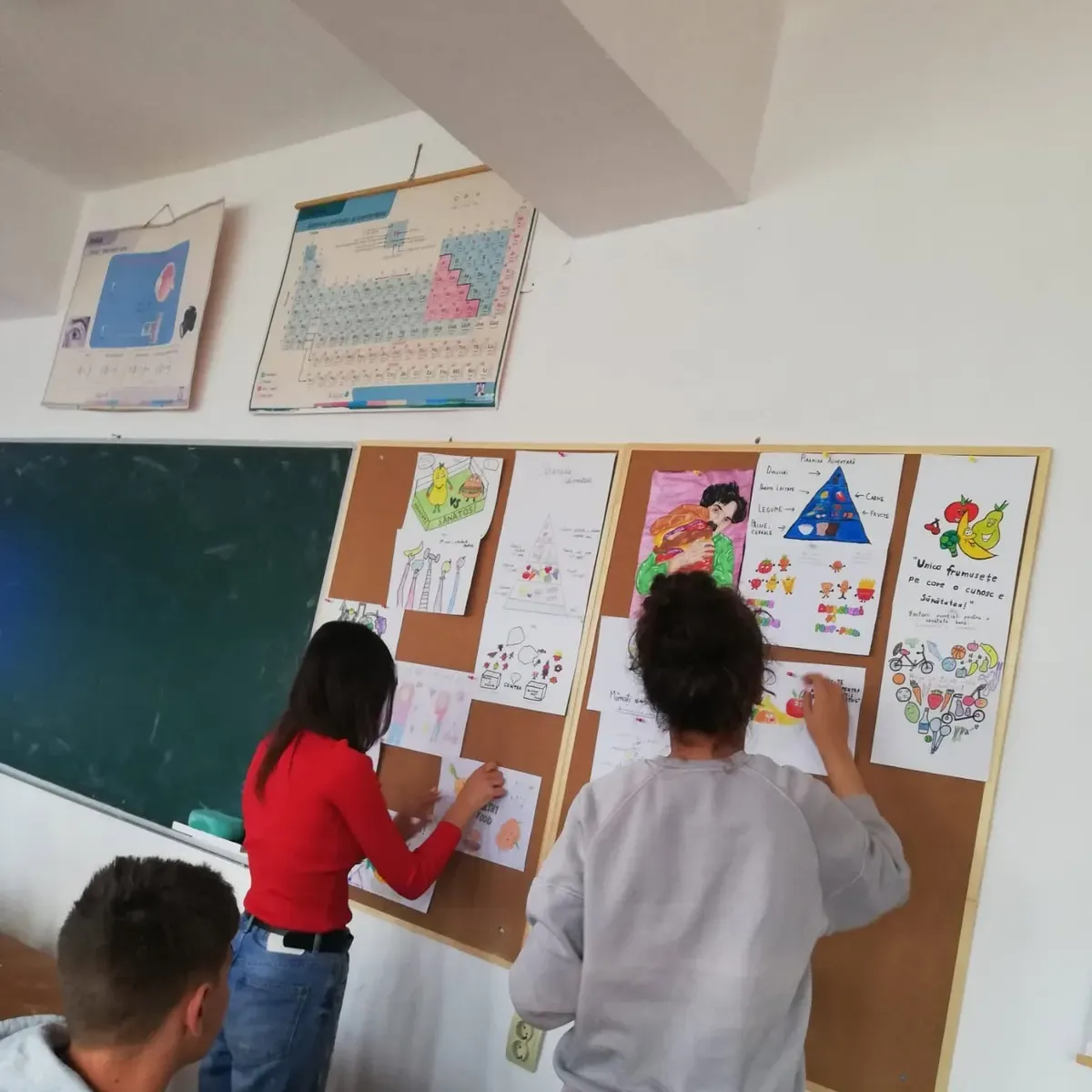 Elevi aranjând lucrările colegilor pe panourile de afișaj din clasă
