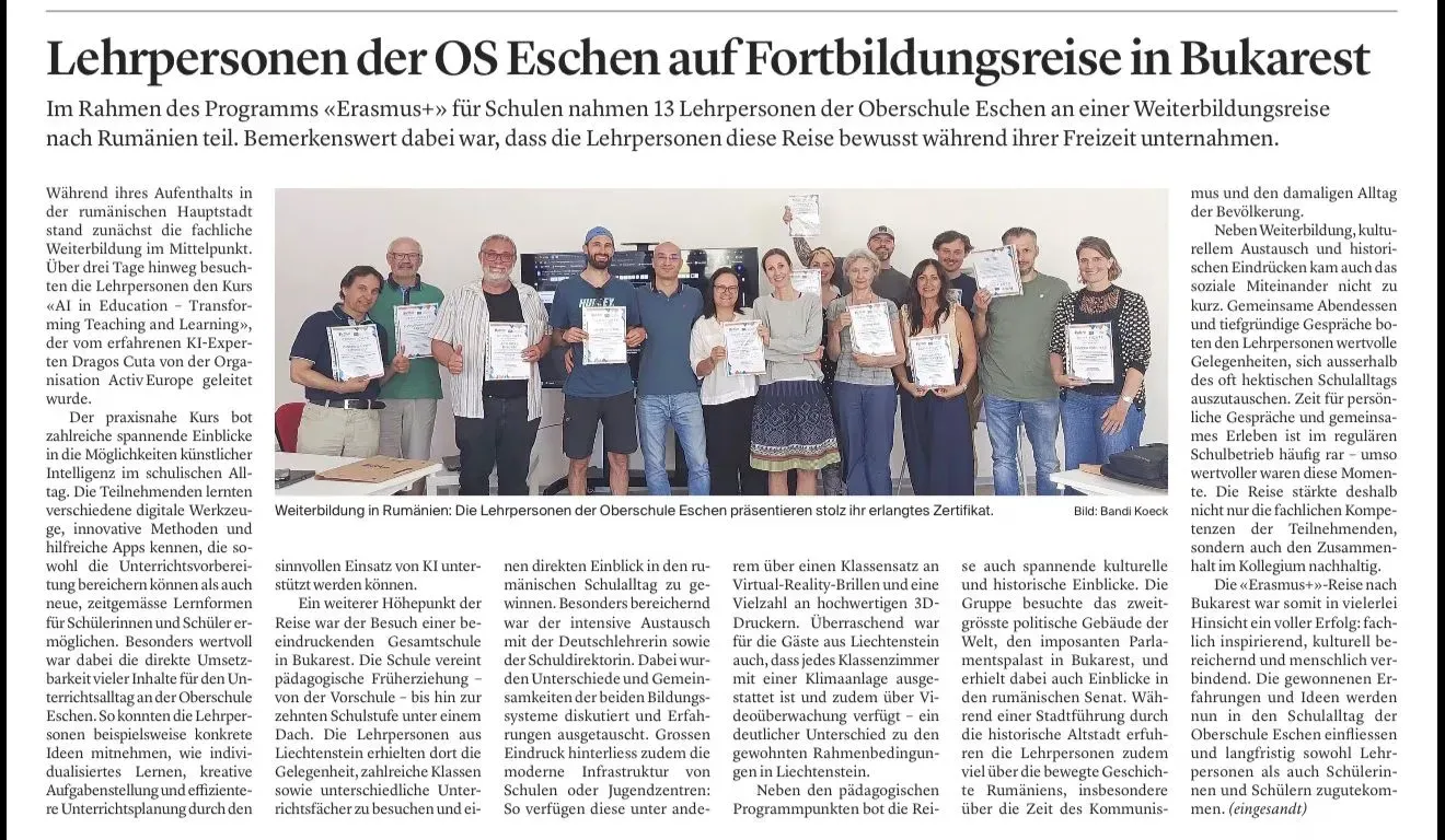 Artikel der Zeitung Liechtensteiner Vaterland über Lehrkräfte der Oberschule Eschen, die den Kurs KI in der Bildung in Bukarest besuchten