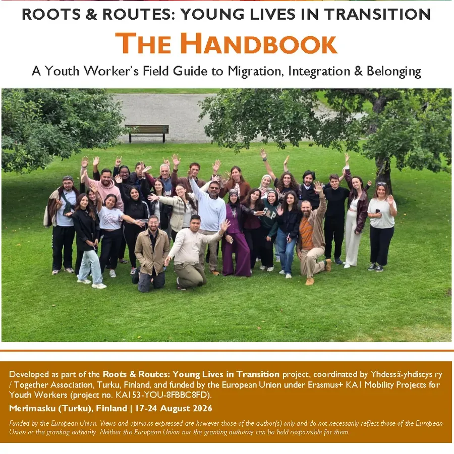 Cover of the Roots & Routes handbook, with the 30 participants of the Erasmus+ mobility in Merimasku, Finland